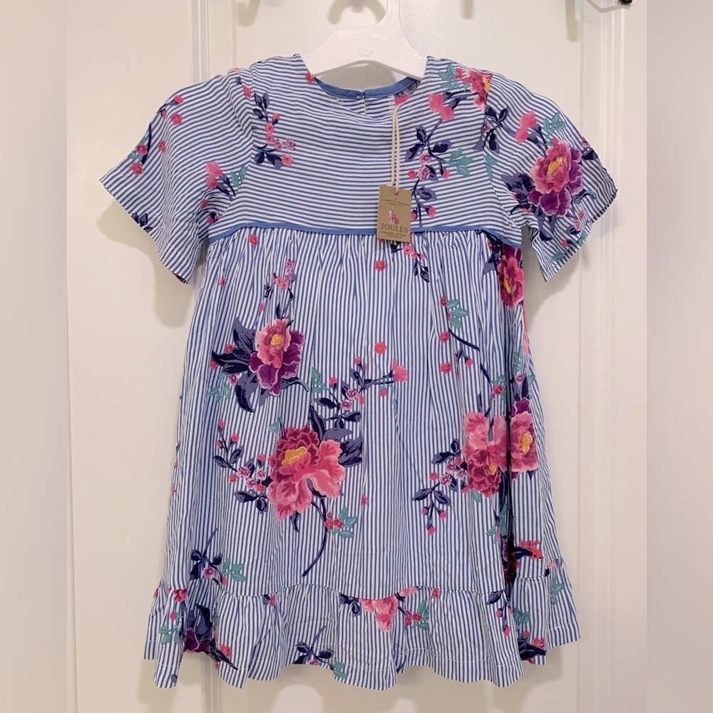 NEW Joules Girl's Floral Light Blue Pin Striped Easter Dress - Size 4T